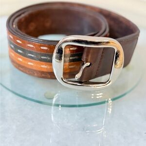 Cole Haan Retro Stripe Leather Belt with Silver Buckle - Size 43